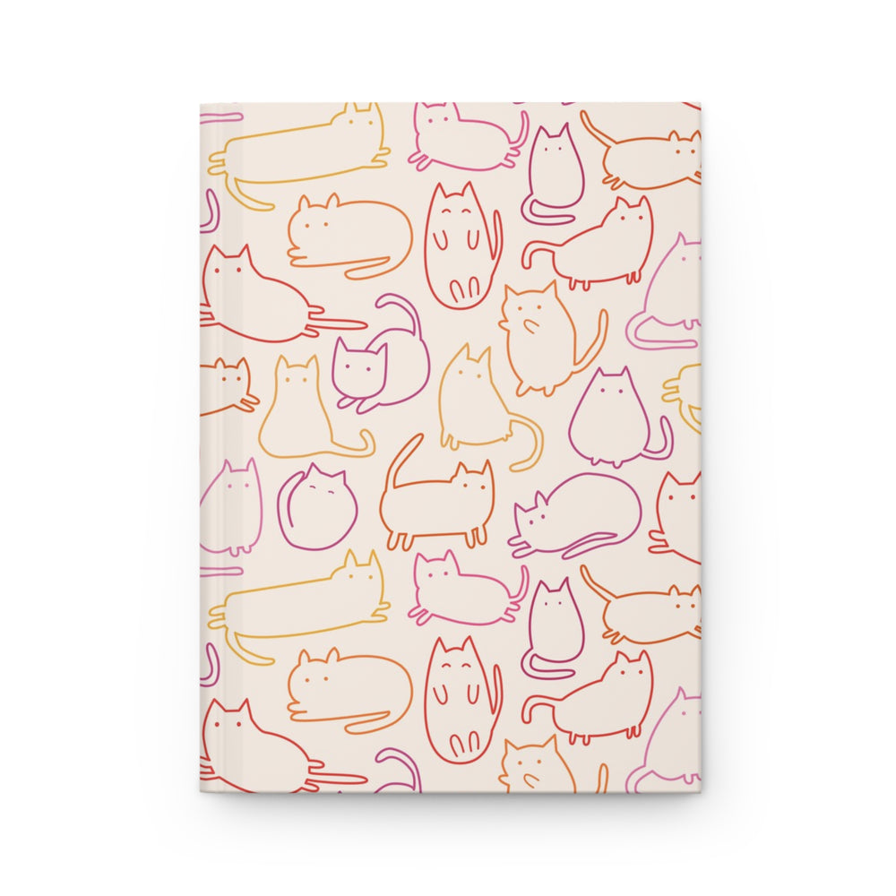 Hardcover notebook with cartoon cats in pink, yellow and orange on a cream background